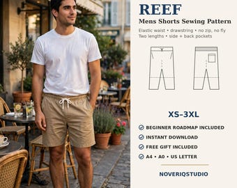 Könnte beinhalten: Ein digitales Schnittmuster für Shorts namens REEF mit elastischem Bund und Kordelzug, ohne Reißverschluss oder Schlitz, zwei Längen sowie Seiten- und Gesäßtaschen. Enthält Größen XS-3XL, Anfängerleitfaden und A4, A0, US Letter Formate.