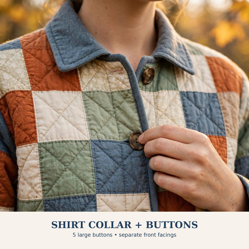 May include: A quilted jacket featuring a patchwork pattern of square blocks in shades of rust orange, sage green, cream, and slate blue. The garment has a solid blue collar, a button-down front with brown buttons, and the text SHIRT COLLAR + BUTTONS.