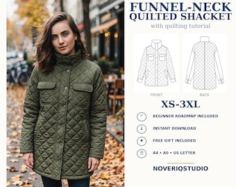 Könnte beinhalten: Ein digitales Schnittmuster für eine gesteppte Jacke mit Stehkragen, inklusive technischer Zeichnung der Vorder- und Rückansicht, Größenbereich XS-3XL sowie dem Text 'DIGITAL DOWNLOAD SEWING PATTERN' und 'NOVERIQSTUDIO'.