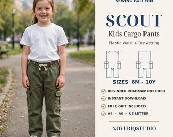Könnte beinhalten: Ein digitales Schnittmuster zum Herunterladen für Scout Kinder-Cargohosen mit elastischem Bund und Kordelzug. Das Schnittmuster enthält die Größen 6M bis 10Y, eine Anleitung für Anfänger sowie A4, A0 und US-Letter-Formate von Noveriqstudio.