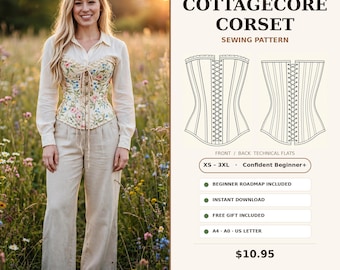 Könnte beinhalten: Ein Schnittmuster für ein Cottagecore-Korsett mit technischen Strichzeichnungen von Vorder- und Rückseite. Der Text enthält NOVERIQSTUDIO, COTTAGECORE CORSET, SEWING PATTERN, XS-3XL, Confident Beginner+ und verschiedene Download-Details.