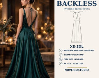 Könnte beinhalten: Ein dunkelgrünes Abendkleid aus Satin mit rückenfreiem Design und dünnen Bindeträgern. Der Text lautet: DIGITAL DOWNLOAD SEWING PATTERN BACKLESS evening maxi dress XS-3XL BEGINNER ROADMAP INCLUDED INSTANT DOWNLOAD FREE GIFT INCLUDED A4 A0 US LETTER NOVERIQSTUDIO.