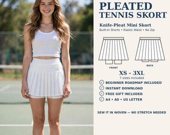 Könnte beinhalten: Ein digitales Schnittmuster für einen weißen, plissierten Tennis-Skort mit integrierter Shorts und elastischem Bund. Das Schnittmuster umfasst die Größen XS bis 3XL, verfügt über ein Messerfalten-Design und ist für Webstoffe ohne Stretch ausgelegt.