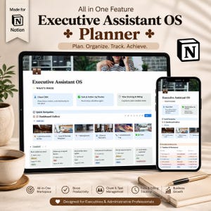 May include: A digital Executive Assistant OS planner for Notion displayed on a tablet and smartphone. The interface features sections for Client CRM, Task & Follow-Up Tracker, Time Tracking & Billing, and a Dashboard Gallery with various project cards.