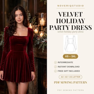May include: A PDF sewing pattern for a long-sleeved velvet holiday party dress with a square neckline and a flared skirt. The pattern includes sizes XS to 3XL, is rated for intermediate skill levels, and is available in A4, A0, and US letter formats.