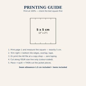 May include: A printing guide for sewing patterns featuring a 5 x 5 cm (2" x 2") test square. The text includes instructions for printing at 100%, trimming, taping, and cutting along colour-coded size lines. Seam allowance 1.5 cm included.