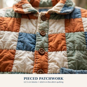 May include: A quilted jacket featuring a pieced patchwork pattern of square blocks in burnt orange, muted blue, sage green, and off-white. The garment has a collared neckline, a front button closure with brown buttons, and 12.5 cm blocks.