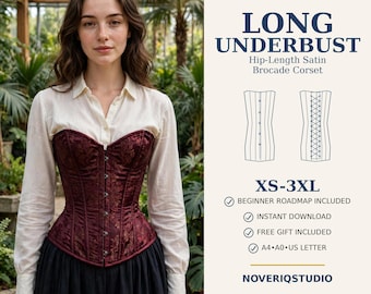Langes Unterbrustkorsett, hüftlang, Schnittmuster XS-3XL, Satinbrokat-Korsett, mit Stäbchen und Schnürung im Rücken, Anfänger