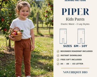 Könnte beinhalten: Digitales Schnittmuster für Piper Kinderhosen mit elastischem Bund und zwei Beinstilen. Enthält Größen 6M bis 10Y, einen Anfängerleitfaden, Sofort-Download, Gratisgeschenk sowie A4, A0 und US-Letter-Formate von NOVERIQSTUDIO.