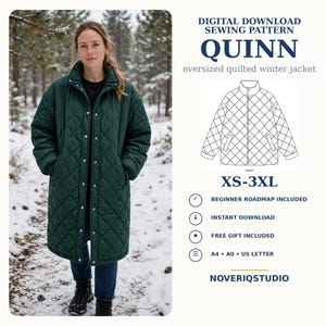 Könnte beinhalten: Ein digitales Schnittmuster für eine oversized gesteppte Winterjacke namens Quinn, erhältlich in den Größen XS-3XL. Das Bild zeigt eine dunkelgrüne gesteppte Jacke mit hohem Kragen und Druckknöpfen sowie eine technische Strichzeichnung des Designs.