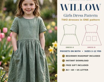 Könnte beinhalten: Digitales Schnittmuster für ein Kleid mit dem Titel WILLOW. Das Muster enthält zwei Kleider-Varianten, Kleid A und Kleid B, beide mit Taschen. Erhältlich in den Größen 2-12 Jahre, inklusive Anfänger-Leitfaden, Sofort-Download und A4, A0 und US-Letter-Formaten.