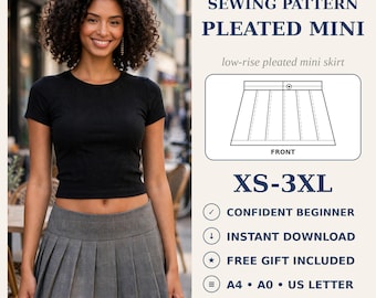 Könnte beinhalten: Ein digitales Schnittmuster für einen tief sitzenden Mini-Faltenrock, beschriftet mit PLEATED MINI, XS-3XL. Enthält eine Strichzeichnung der Rockvorderseite, Text für confident beginner, instant download, free gift sowie A4, A0, US letter Formate.