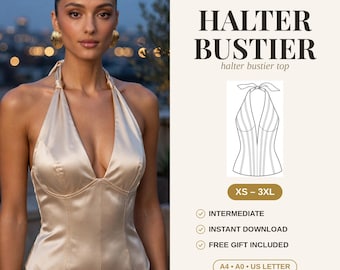 Könnte beinhalten: Ein PDF-Schnittmuster für ein Neckholder-Bustier-Top von NOVERIQSTUDIO. Das Design umfasst ein seidiges Neckholder-Oberteil mit tiefem V-Ausschnitt und strukturierten Nähten. Das Schnittmuster ist in den Größen XS bis 3XL für A4, A0 und US Letter verfügbar.