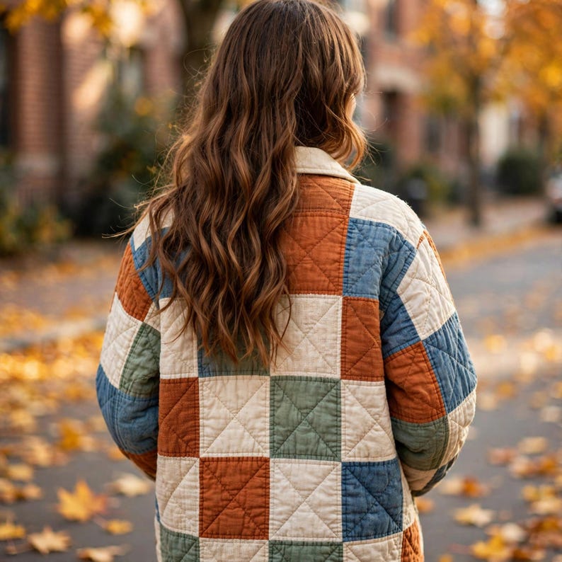 May include: A long-sleeved quilted jacket featuring a patchwork pattern of square blocks in muted shades of rust orange, sage green, and cream. The garment has a collared neckline and a visible stitched grid texture throughout the fabric.