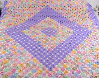 SALE GORGEOUS Vintage HANDMADE Yo-Yo Quilt Large Purple 1940’s