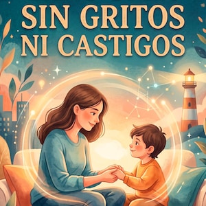 Könnte beinhalten: Ein Buchcover mit dem Titel EDUCAR SIN GRITOS NI CASTIGOS von A. ROWAN. Die Illustration zeigt einen Erwachsenen und ein Kind, die auf einem Sofa sitzen und sich in einem leuchtenden Kreis an den Händen halten. Ein Leuchtturm ist im Hintergrund.