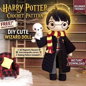 May include: A crochet pattern for a wizard doll featuring text that reads Harry Potter Crochet Pattern, DIY Cute Wizard Doll, Beginner Friendly, and Instant Download. The doll wears a black robe, a yellow and red scarf, and round glasses.