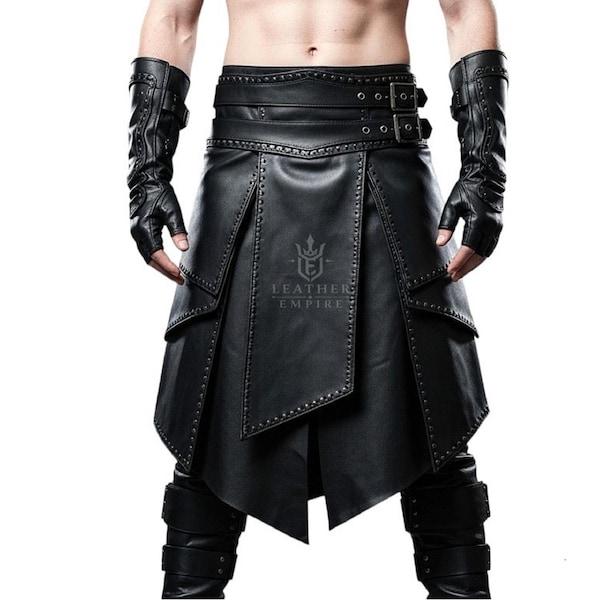 Kilt de guerrier en cuir noir fait main | Jupe gothique médiévale en cuir | Costume fantastique pour GN, cosplay et fantasy