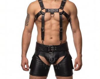 Handmade Black Leather Chaps Shorts with Harness | Festival Clubwear Outfit