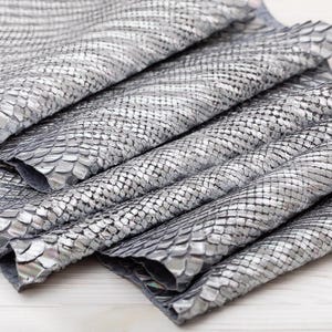 Peut inclure: Une pièce de cuir argenté métallisé présentant un motif texturé et gaufré en peau de serpent. Le matériau est plié en plusieurs couches, mettant en valeur la surface réfléchissante et scintillante ainsi que le motif complexe d'écailles.