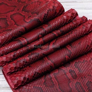 May include: A folded piece of deep red leather featuring a textured snakeskin pattern with darker black scale details. The surface displays a repeating reptilian motif across the material. The text AcalapaBali is visible in the center of the image.