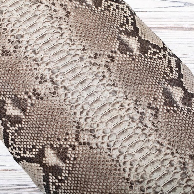 May include: A textured material featuring a realistic snakeskin pattern in shades of beige, cream, and dark brown. The surface displays a repeating scale design with a central row of larger, elongated scales flanked by smaller, rounded scales.