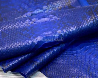 Cuir de python bleu royal profond | Peau de serpent réticulée entière | Peau de ventre de python non blanchie