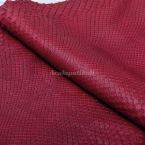Peut inclure: Une peau de cuir de serpent rouge bordeaux profond avec un motif d'écailles répétitif et distinct sur toute la surface. Le matériau est replié sur lui-même, révélant les écailles texturées et superposées. Le texte Acalapatibali est visible.