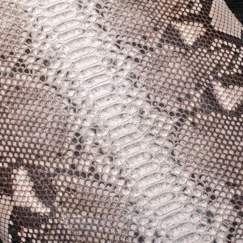 May include: A textured material featuring a repeating snakeskin pattern in shades of cream, beige, and dark brown. The surface displays a distinct scale-like appearance with elongated, lighter central scales flanked by smaller, darker, rounded scales.