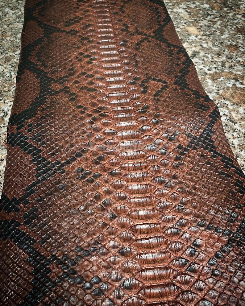 May include: A long, flat piece of textured snakeskin leather featuring a repeating pattern of dark brown and black scales. The centre of the hide displays a row of larger, elongated scales that transition into smaller, rounded scales towards the edges.