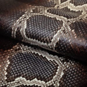 Piel de pitón marrón oscuro para suministros artesanales, piel exótica auténtica ideal para boutiques.