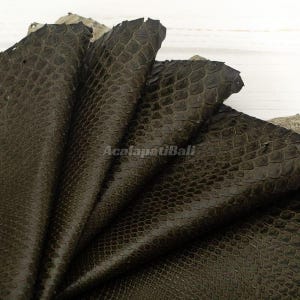 May include: A dark brown, textured snakeskin leather hide featuring a distinct, repeating scale pattern across its surface. The material is folded in layers, displaying the natural grain and the watermark text AcalapatiBali.