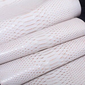 Peut inclure: Une feuille de matériau blanc présentant un motif texturé et gaufré qui imite l'apparence d'écailles de serpent. La surface présente un motif répétitif d'écailles superposées avec une légère nuance brun clair sur les bords de chaque écaille.