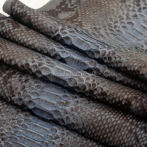 Peut inclure: Une pièce de cuir de peau de serpent brun foncé pliée présentant un motif d'écailles répétitif et distinct. Le matériau affiche une surface texturée avec des écailles superposées de tailles et de formes variées, créant un aspect organique.