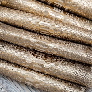 Puede incluir: Varios rollos de material dorado metálico con un patrón de piel de serpiente texturizado en relieve. La superficie tiene un acabado brillante y reflectante con formas de escamas repetidas dispuestas en filas horizontales.