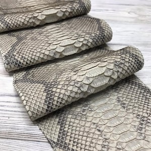 Pode incluir: Uma peça de pele de cobra natural com um padrão de escamas em forma de diamante em tons de branco, bege e cinza escuro. O material está dobrado em três camadas distintas, exibindo as escamas texturizadas e sobrepostas da pele.