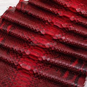 Puede incluir: Una pila de láminas de piel de serpiente de color rojo vibrante que presenta un patrón de escamas superpuestas distintivo con acentos negros oscuros en toda la textura. El texto AcalapaBali está impreso en una fuente sutil y semitransparente.
