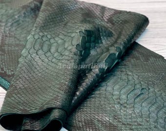Cuir de python vert sauge foncé | Peau de serpent réticulée entière | Peau de ventre de python non blanchie