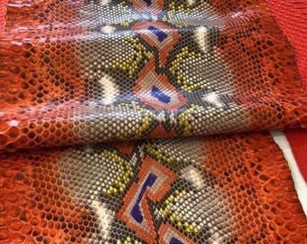Cuir de python orange | Peau de serpent réticulée entière | Peau de dos de python non blanchie