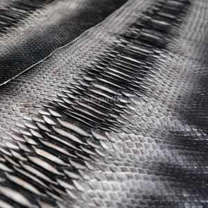 May include: A piece of black and grey snakeskin leather featuring a distinct pattern of overlapping scales. The texture is highly detailed with a gradient of dark tones transitioning into lighter grey shades across the surface.