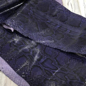 Peut inclure: Une pièce de cuir de serpent violet foncé et noir présentant un motif d'écailles répétitif et distinct sur toute la surface. Le matériau possède une finition brillante et révèle un grain naturel texturé aux tons violet profond et noir charbon.