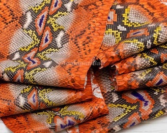 Cuir de python orange vif | Peau de serpent réticulée entière | Peau de dos de python non blanchie