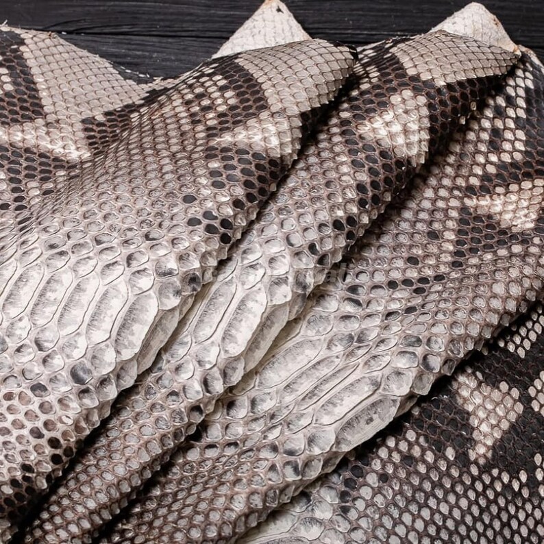 May include: A piece of textured snakeskin leather featuring a repeating pattern of overlapping scales in shades of cream, beige, gray, and dark brown. The material is folded, showcasing the intricate, natural scale structure and the varied color gradient.