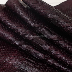 Peut inclure: Un cuir de serpent violet foncé avec un motif d'écailles distinct et une finition brillante. La surface présente une texture pliée et superposée avec le texte AcafapatiBali visible au centre de l'image sur le matériau sombre.