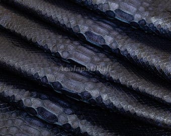 Deep Charcoal Blue Python Leather | Whole Reticulated Snake Hide | Unbleached Python Belly Skin