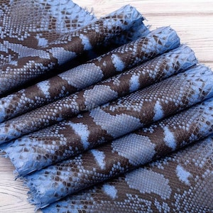 Peut inclure: Une feuille pliée de matériau texturé présentant un motif de peau de serpent répétitif dans des tons brun foncé et bleu vif. La surface affiche une texture détaillée en écailles sur toute la pièce, avec des bords effilochés visibles sur les côtés.