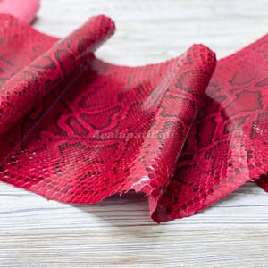 May include: A vibrant red snakeskin leather hide featuring a distinct black scale pattern and a glossy finish. The material is folded to show its flexible texture and the text Acalapali printed in the center of the red and black surface.
