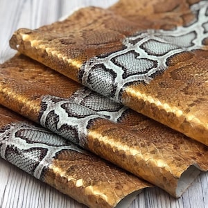 May include: A folded piece of textured material featuring a realistic snakeskin pattern. The surface displays a gradient of golden brown scales transitioning into a central band of white and dark gray scales, creating a distinct reptilian appearance.