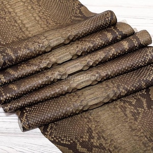 Peut inclure: Une feuille de cuir marron présentant un motif texturé en peau de serpent avec des écailles superposées. Le matériau est plié en plusieurs couches, affichant une palette de couleurs marron foncé et beige sur toute la surface de la peau.