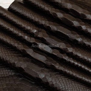 Può includere: Un foglio di pelle di serpente marrone scuro con un distinto motivo a scaglie in rilievo. Il materiale è piegato in più strati, mettendo in mostra la consistenza e la lucentezza della pelle di rettile. Il testo AcalapatiBali è visibile al centro.